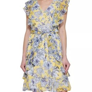 Tommy Hilfiger Flutter-Sleeve Chiffon fit & flare dress Floral Yellow Dress Sz 4